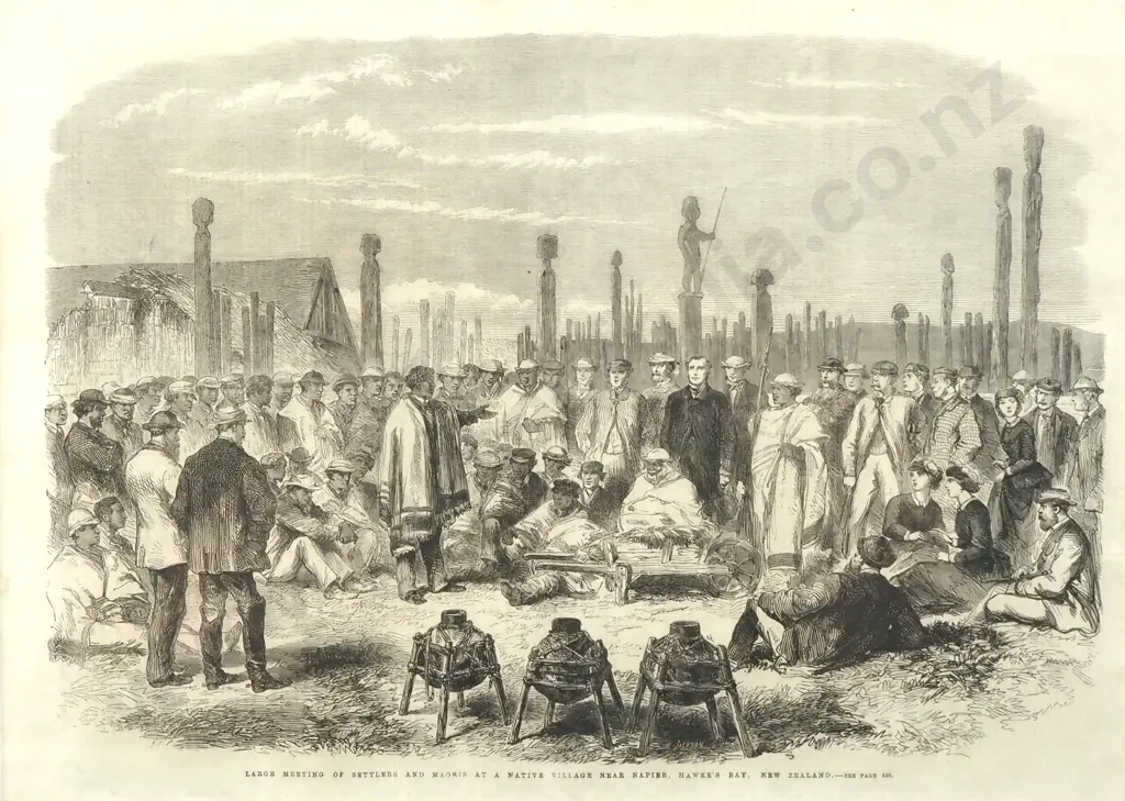 London News - Meeting of Settlers and Māori near Napier, from C.H. Robson Photograph, Print Image 1++