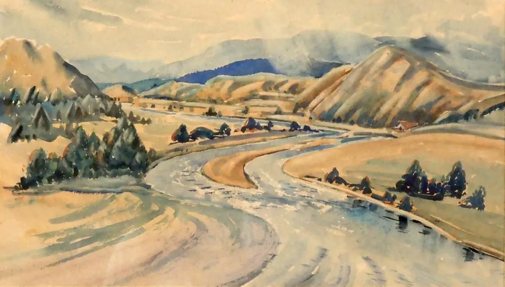 Alan Elliott - Awatere River Upstream from Main Road Bridge, Watercolour Image 1++