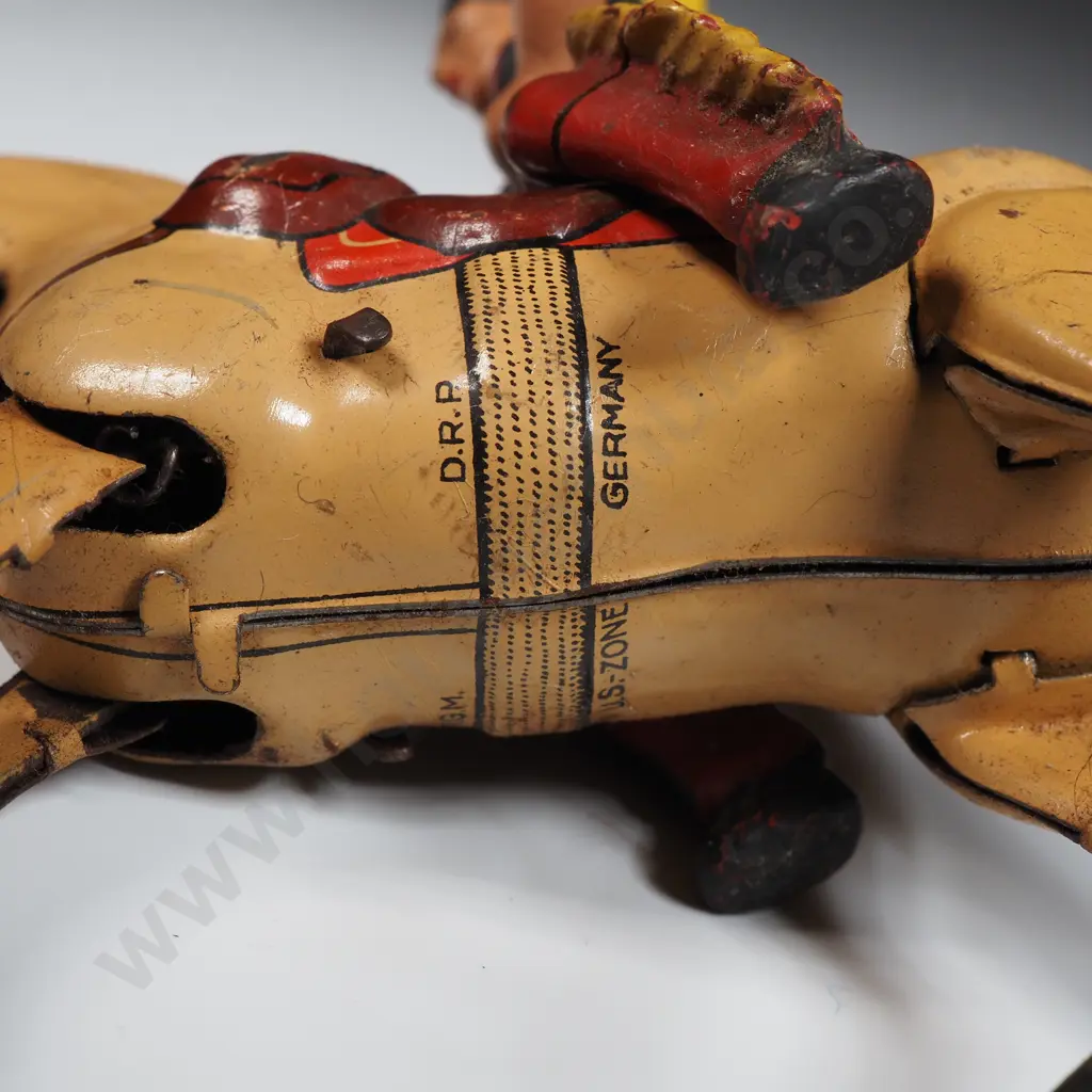 Vintage Tin Plate Wind-up Horse & Cowboy Rider: Made in U.S Zone Germany Image 1++