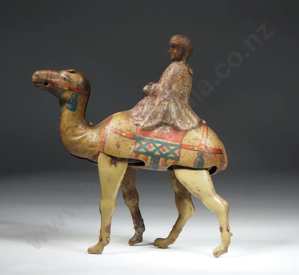 Vintage Tin Plate Wind up Man on Camel. Made in US Zone Germany Image 1++