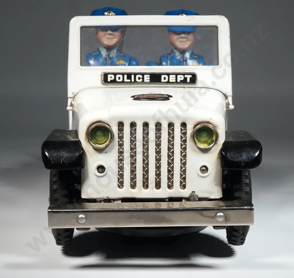 Vintage Tin Police Patrol Car Toy From Japan With Two Seated Police Officers Image 1++