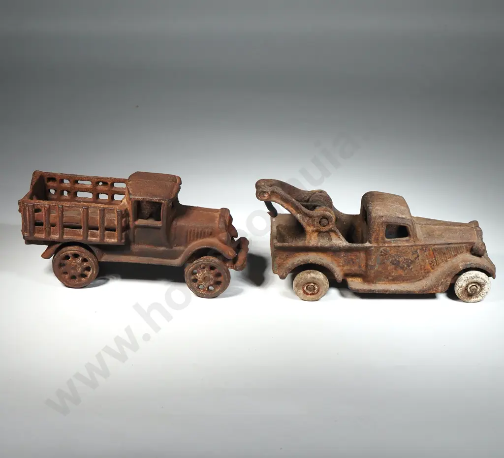 Two Cast Iron Trucks: Flatbed & Tow Truck Image 1++