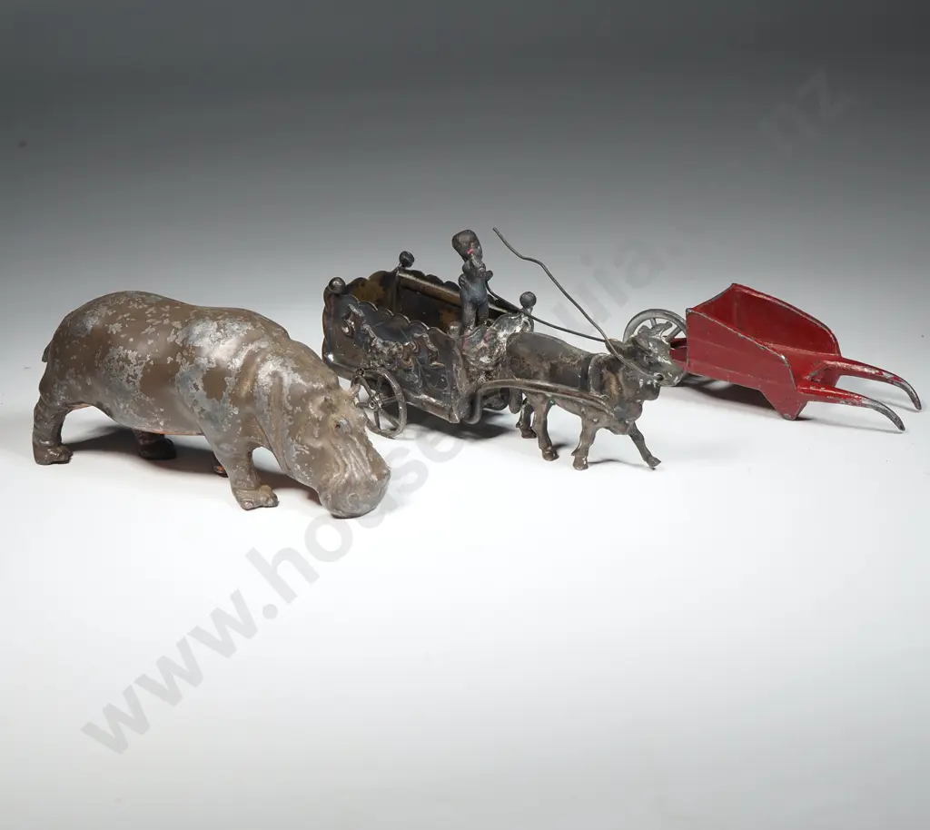Metal Hippopotamus and Child in Cart w Goat & Wheelbarrow Image 1++