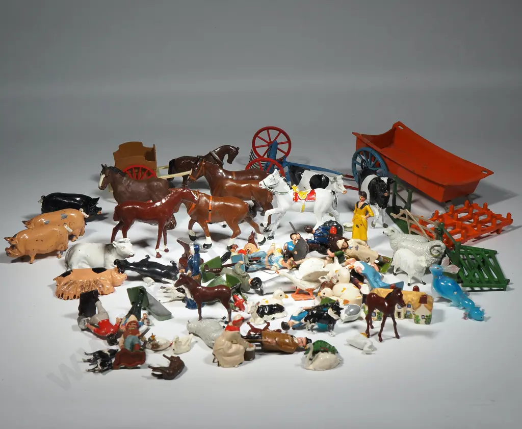 Large Collection of Vintage " Britains" Farm Animals,  Farm Equipment, Fences,Buildings, Haystacks Etc. Image 1++
