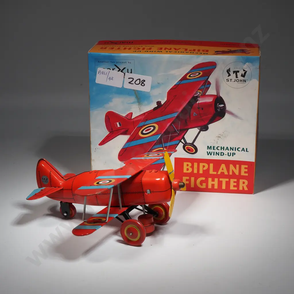Vintage Stylle "Biplane Fighter" Mechanical Wind-Up Toy Produced By St John & Distributed By Maru. In Original Box  Image 1++