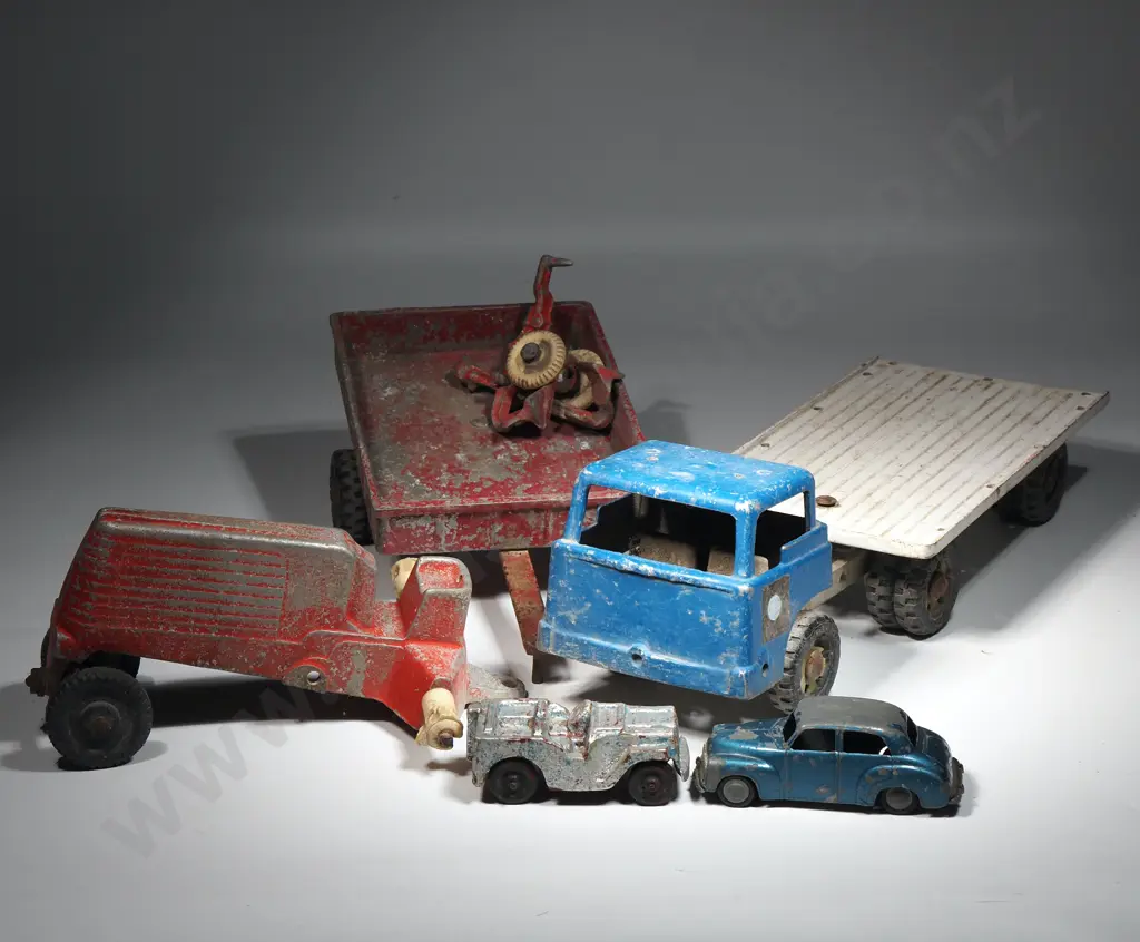 Vintage 1960s Flatdeck Truck, Funho Tractor (Minus Wheels) With Trailor, A Small Jeep & Micro Model Holden Sedan Image 1++