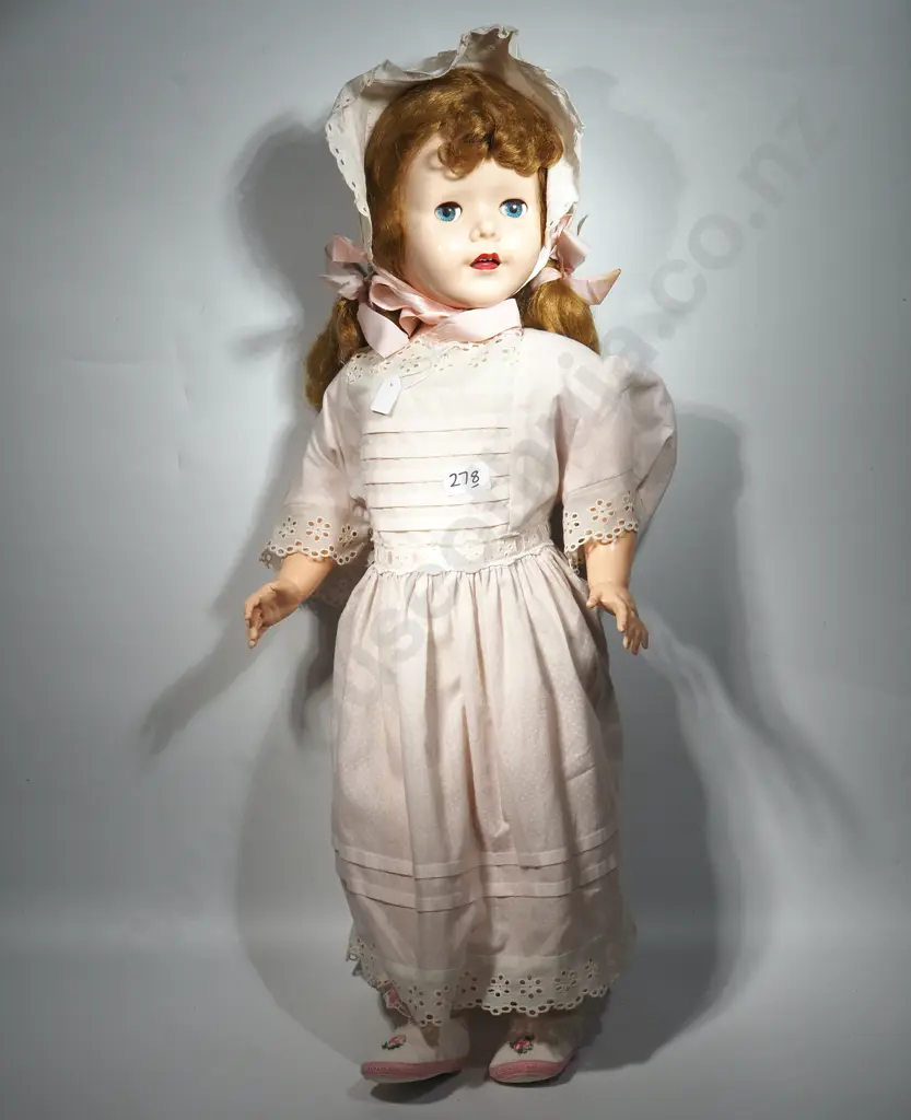 Antique Sleeping Eyes Doll Featuring Pink Dress w Booties & Bonnet - Made in England Image 1++
