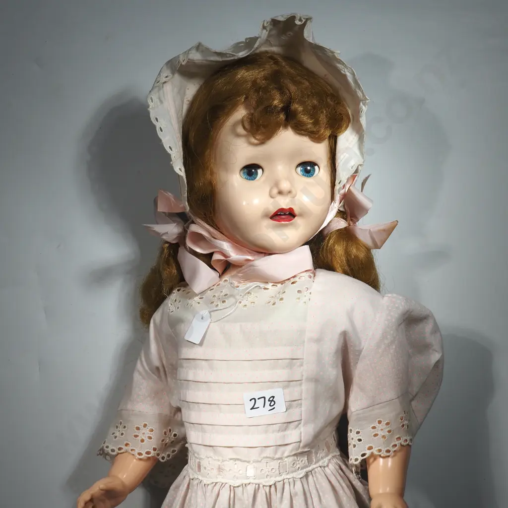 Antique Sleeping Eyes Doll Featuring Pink Dress w Booties & Bonnet - Made in England Image 1++