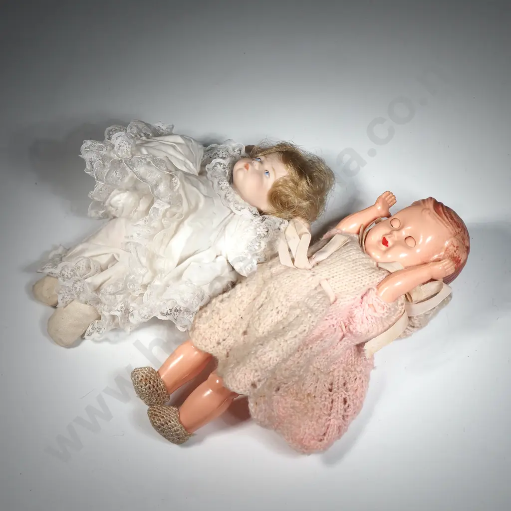Two Small Dolls - One Vintage Celluloid & The Other  A Porcelain Doll In White Lace  Image 1++