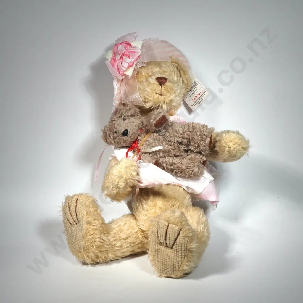 Two Teddy Bears. One Small Hand Stitched Beara & Another Teddy Time Gold Teddy In Pink Attire. Both Jointed Image 1++