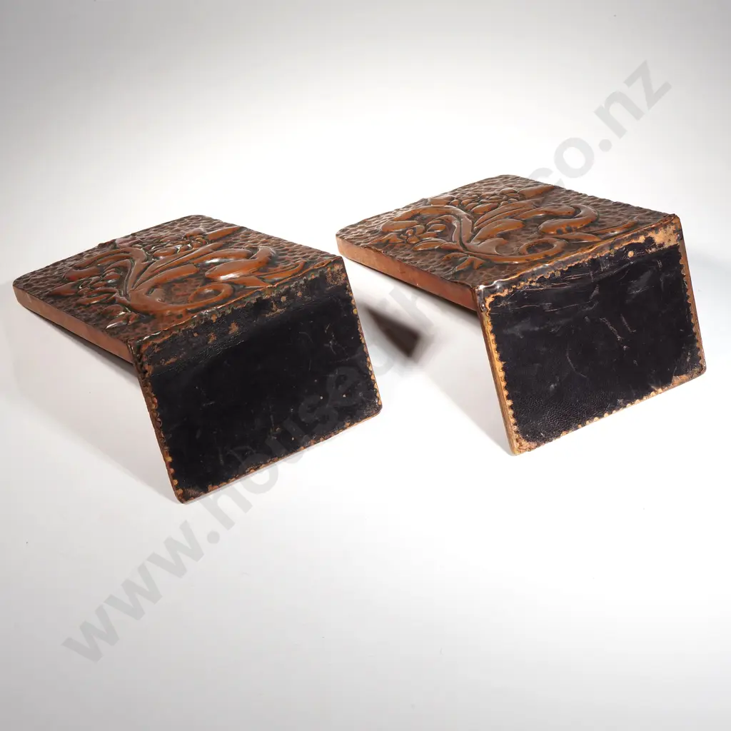 Pair Of Arts & Crafts  Beaten Copper  Bookends With Floral Decoration Image 1++