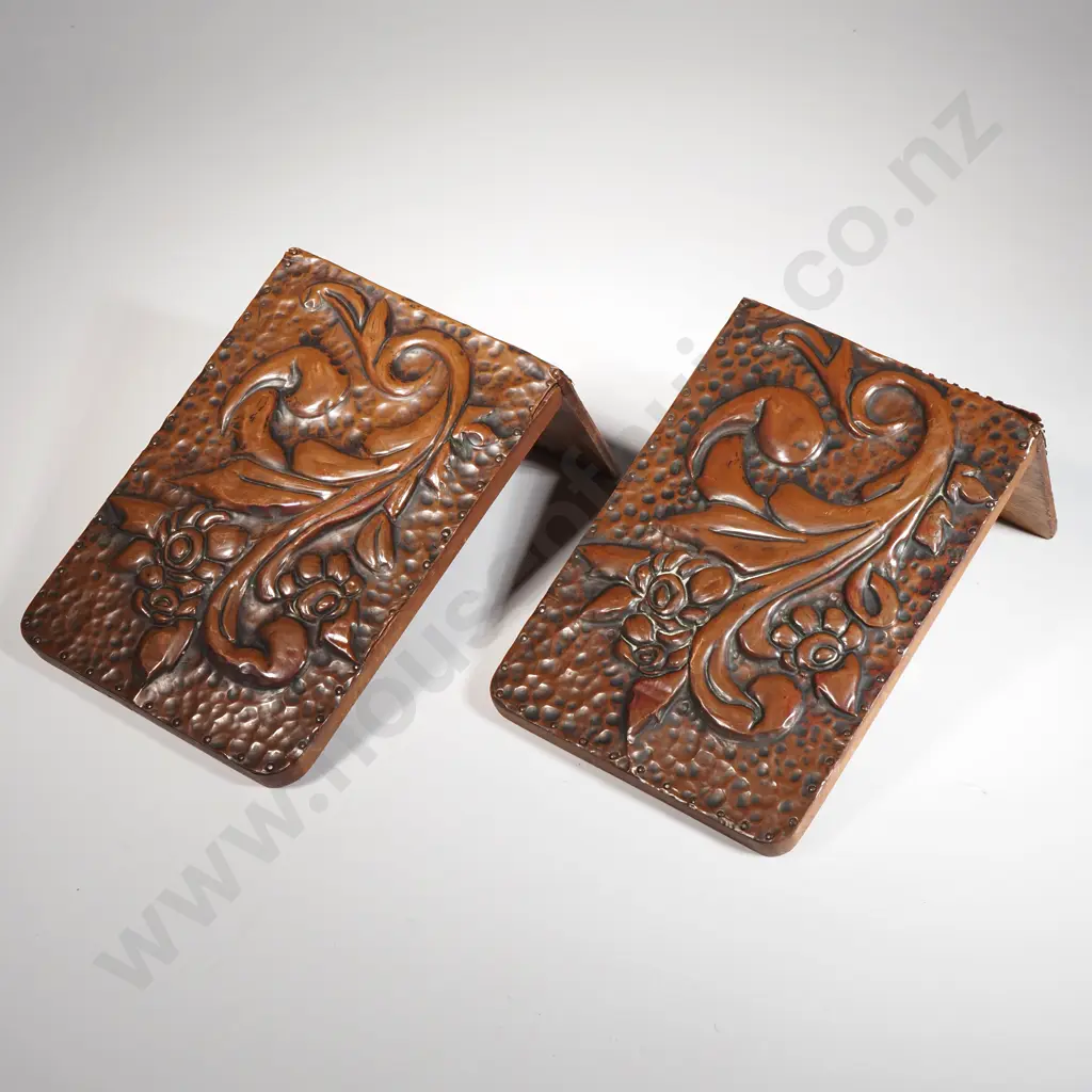 Pair Of Arts & Crafts  Beaten Copper  Bookends With Floral Decoration Image 1++