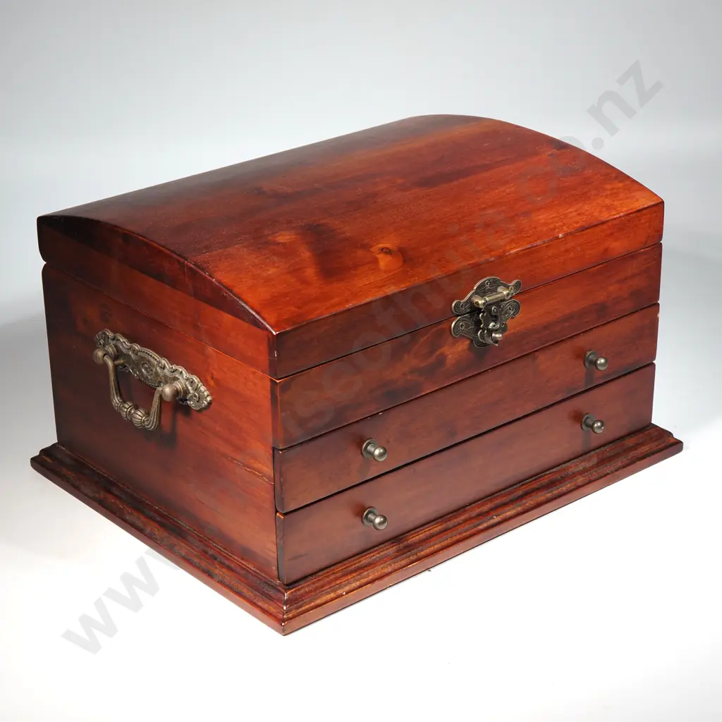 Dome Top Wooden Box w Two Drawers Below & Lift Up Lid for Jewellery & Coin Storage Image 1++