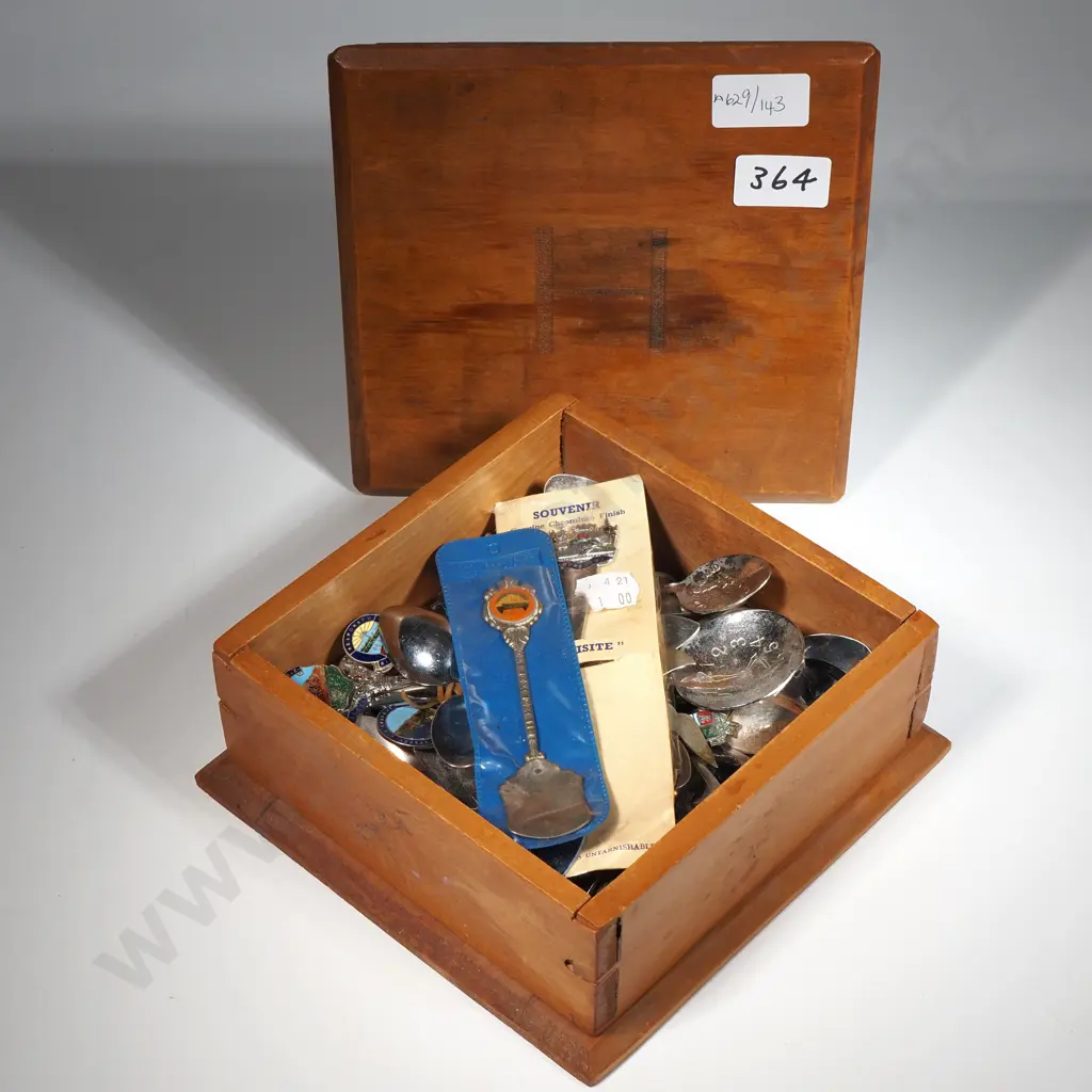 WoodenBox Containing A Collection Of Souvenir Spoons, Tea Caddy Spoon, Butter Knife, Fork  Image 1++