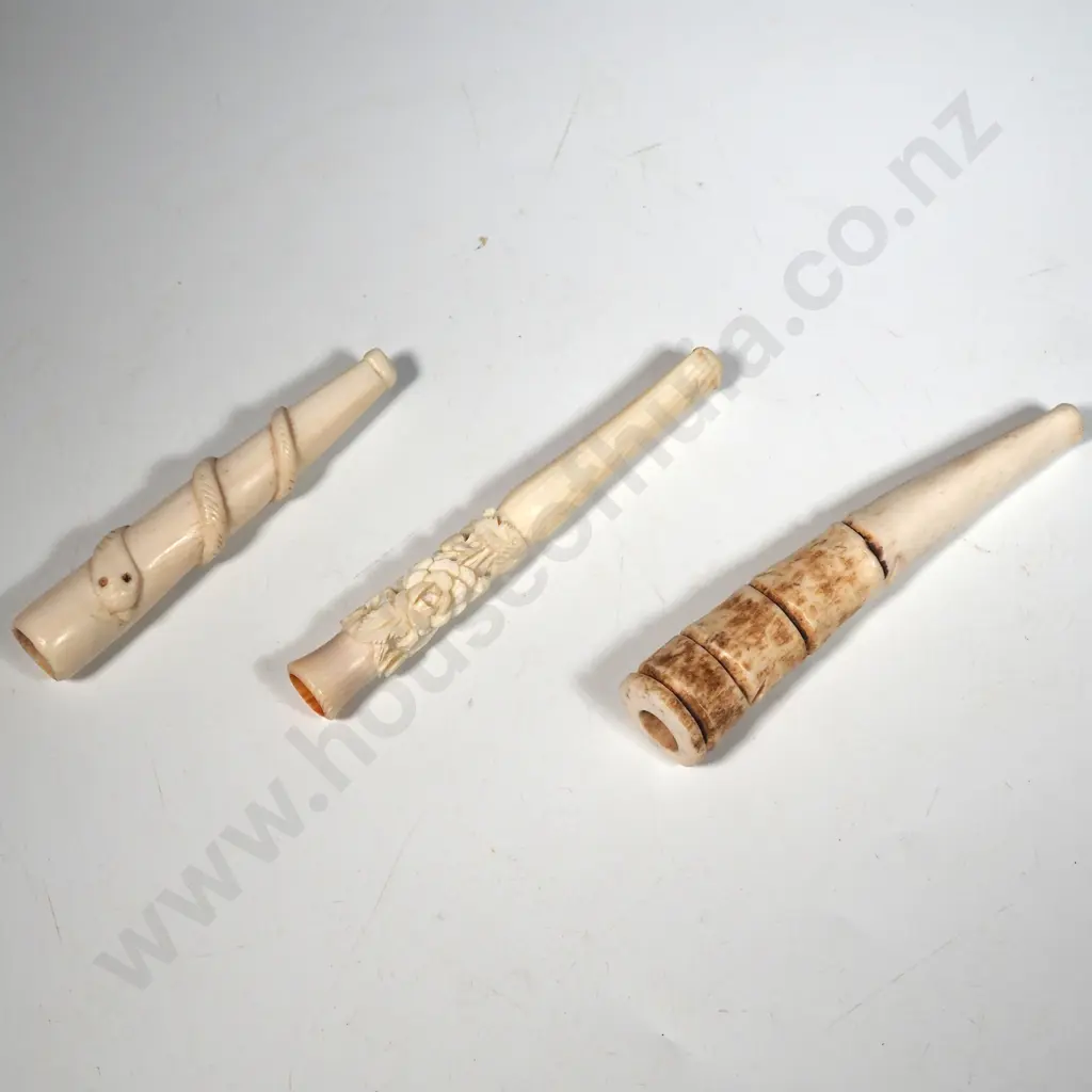 Three bone Cigarette Holders, One with An Intwined Snake & Another with Intricate Floral Carving. Image 1++