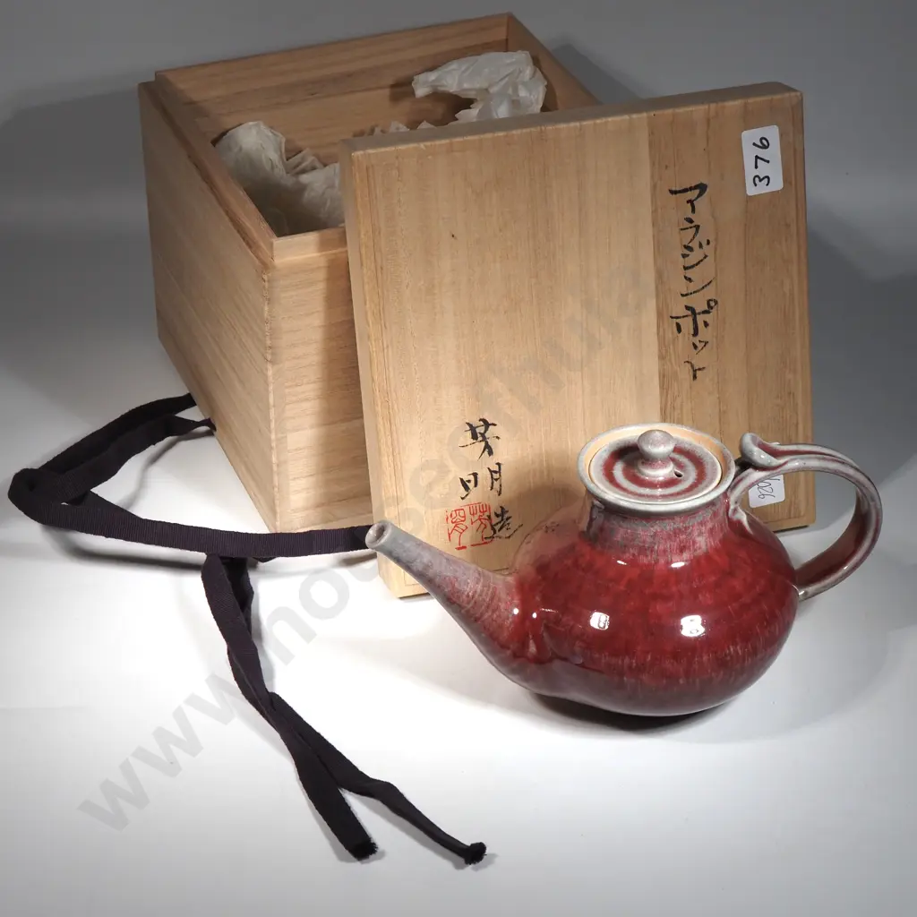 Japanese-Style Grey & Red Glazed Teapot w Wooden Box Image 1++