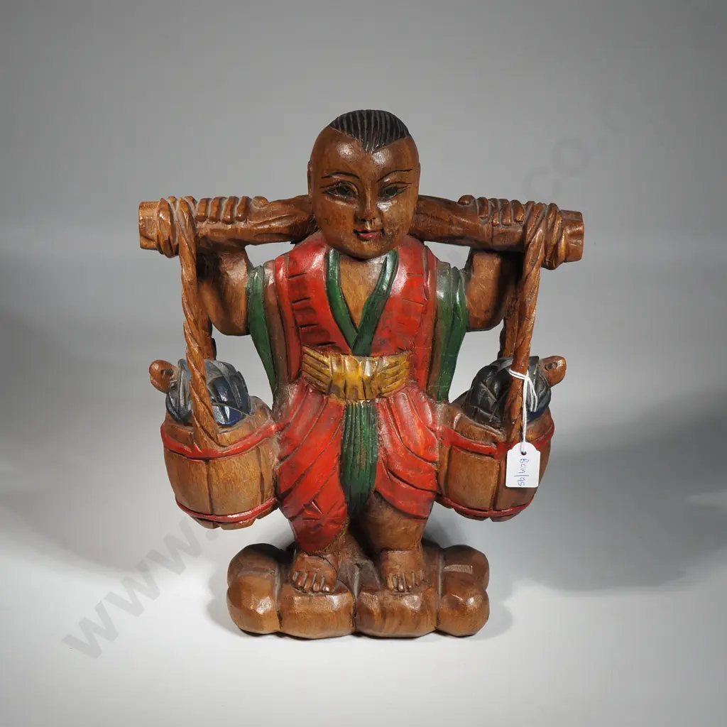Vintage Wooden Figure Depicting a Asian Farmer Carrying Baskets of Fruit Image 1++