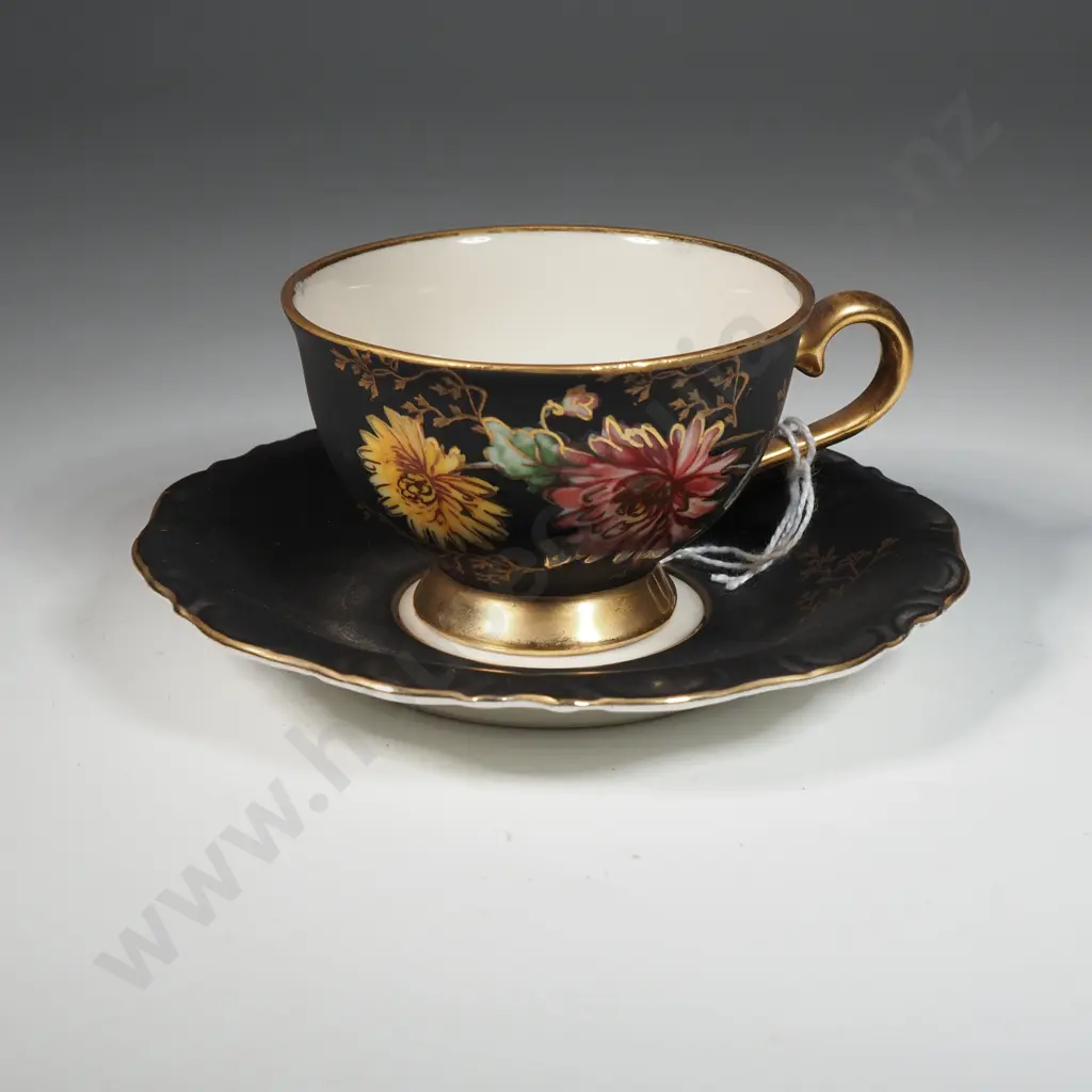 Waldershof Bavaria Black Demitasse Cup & Saucer w Gold Accents & Chrysanthemums Image 1++