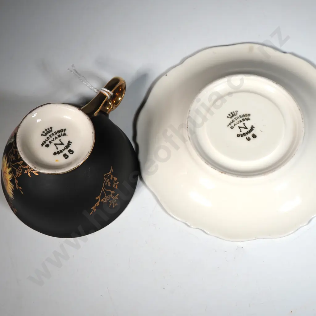Waldershof Bavaria Black Demitasse Cup & Saucer w Gold Accents & Chrysanthemums Image 1++