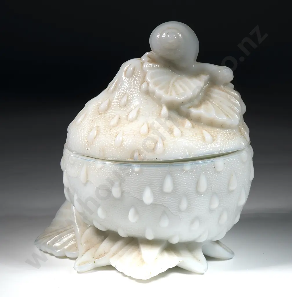 Antique French Vallerysthal Opaline Milk Glass  Snail on Strawberry Box Image 1++