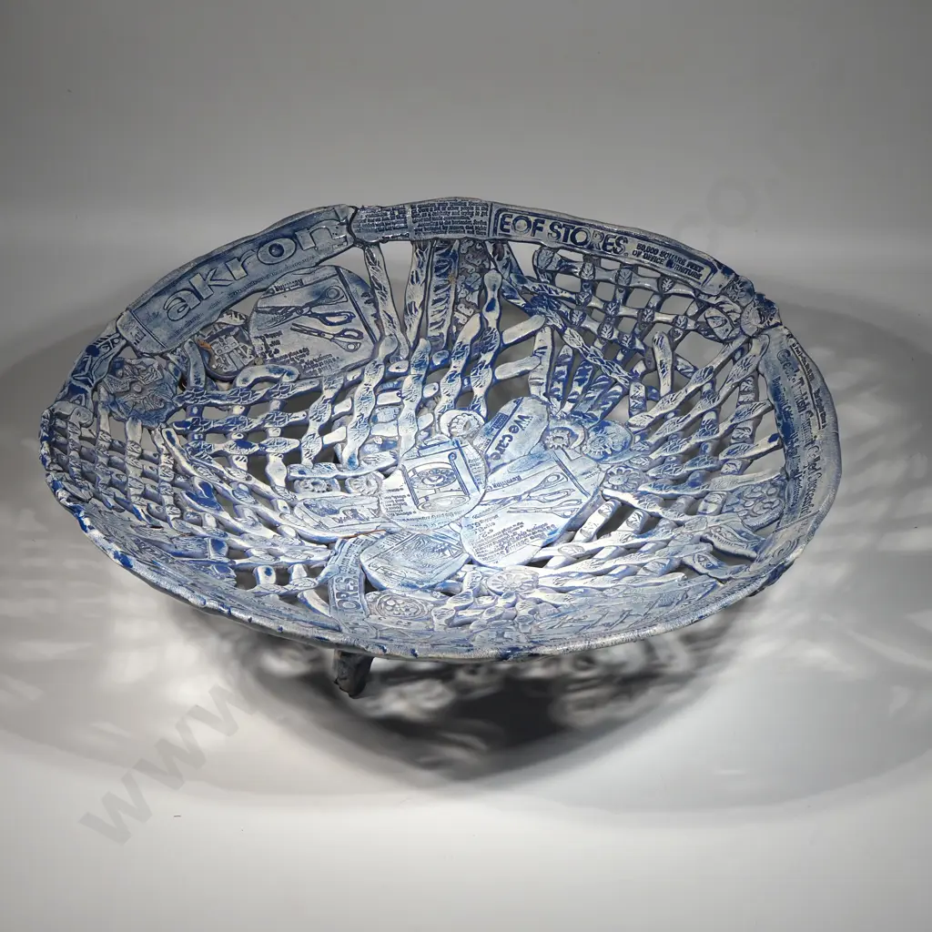 Large Blue & White Openwork Bowl Imprinted w Newspaper Headlines & Advertising Image 1++