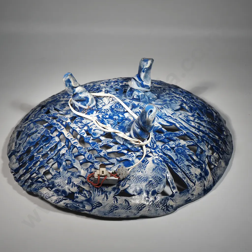 Large Blue & White Openwork Bowl Imprinted w Newspaper Headlines & Advertising Image 1++