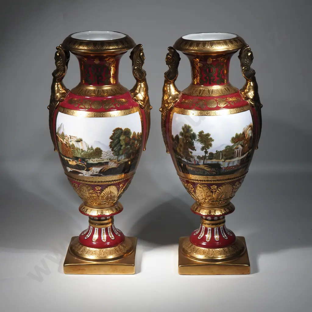 Pair of Limoges Sevres Style Vases w Bucolic Landscape & Intricate Gold Gilding Image 1++