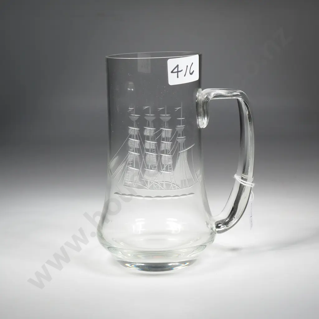 Large Glass Beer Mug with Engraving Depicting  A Tall Ship/Schooner Image 1++