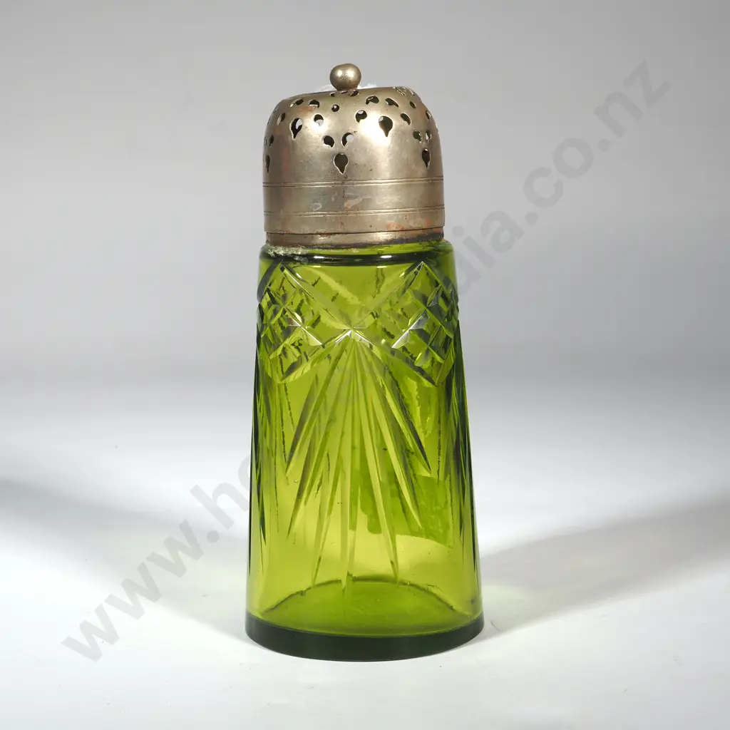 Antique Cut Green Glass & Silver Plate Icing Sugar Sifter Image 1++