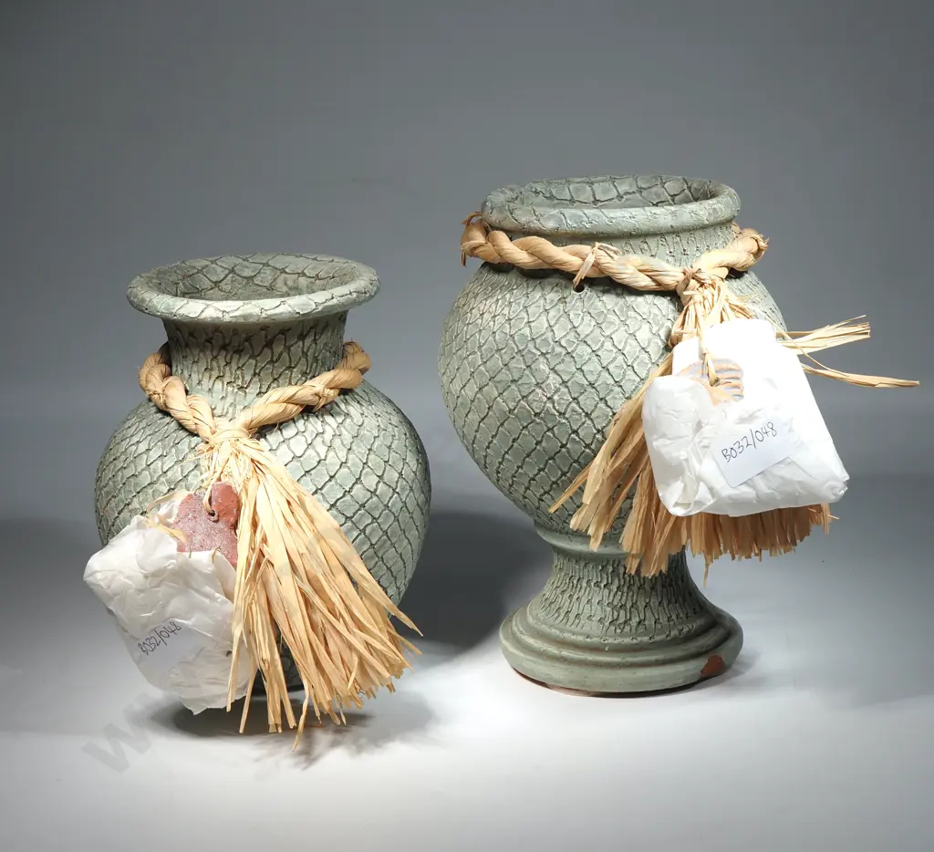 Green Decorative Ceramic Vase Featuring Textured Pattern w Rope Accent (2) Image 1++