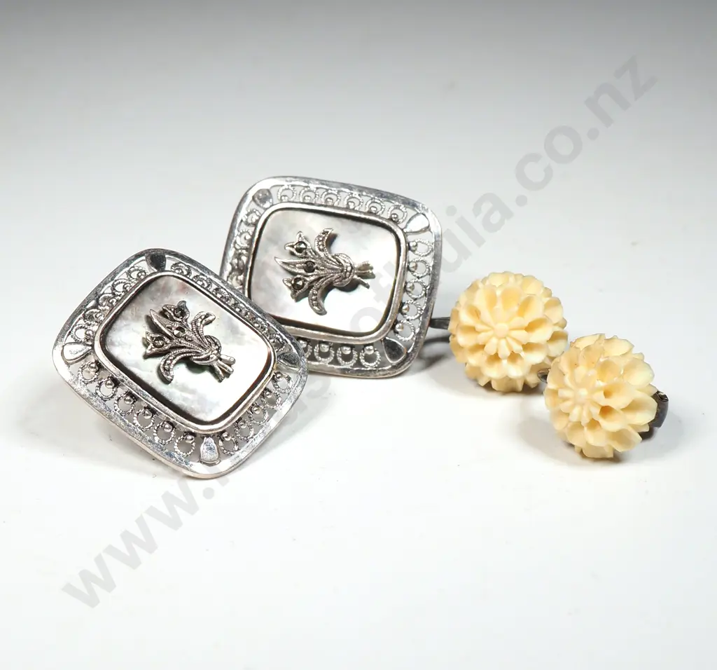 Sterling  Silver & Mother Of Pearl Marcasite Earrings & A Pair Of Bone Floral Form Earrings Image 1++