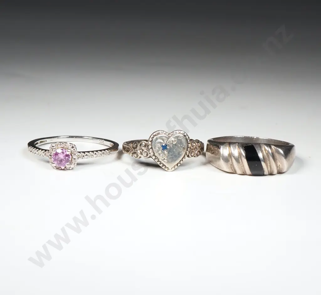 Three Sterling Silver Rings. One A Heart Shaped Signet Ring. Image 1++
