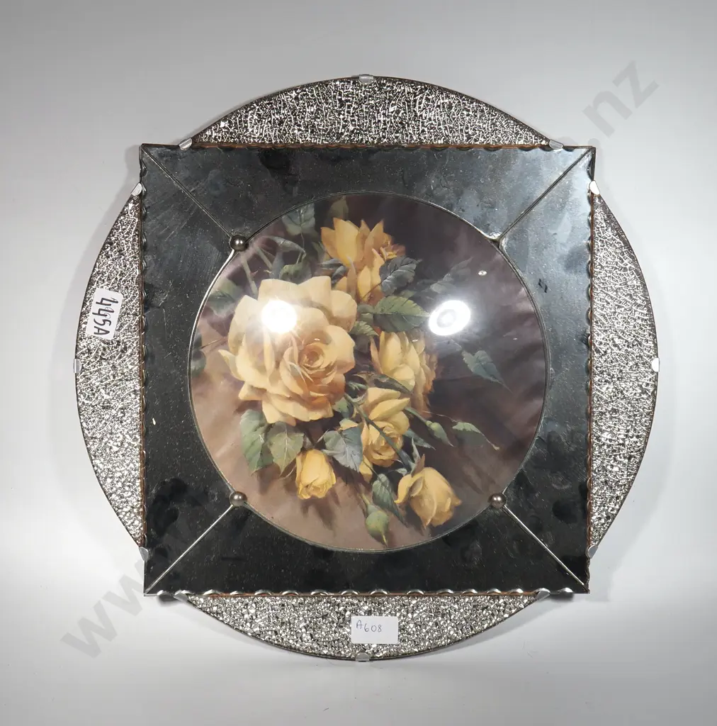 Art Deco Mirror with a Circular Section Featuring A  Print Of Yellow Roses Image 1++