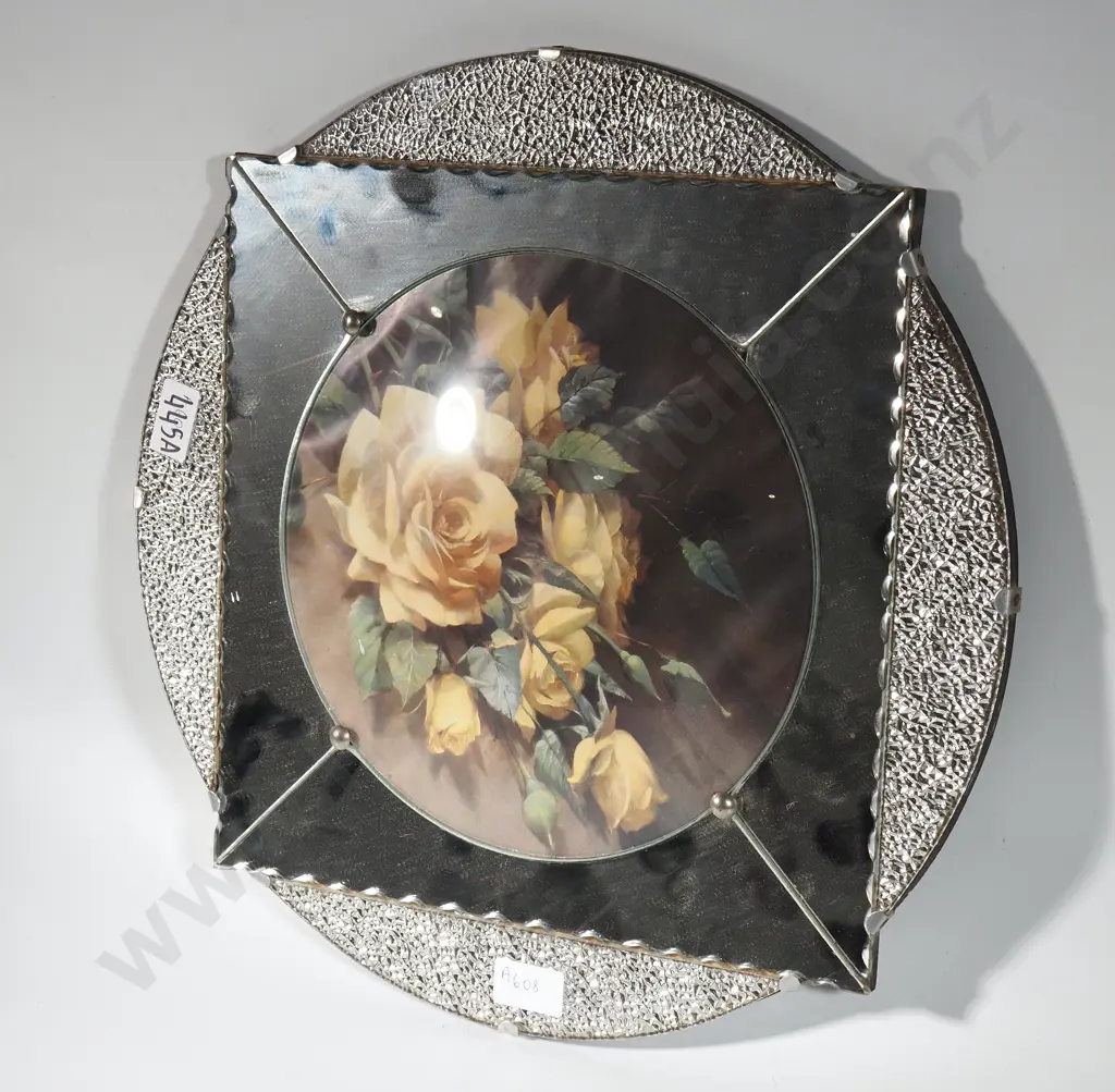Art Deco Mirror with a Circular Section Featuring A  Print Of Yellow Roses Image 1++