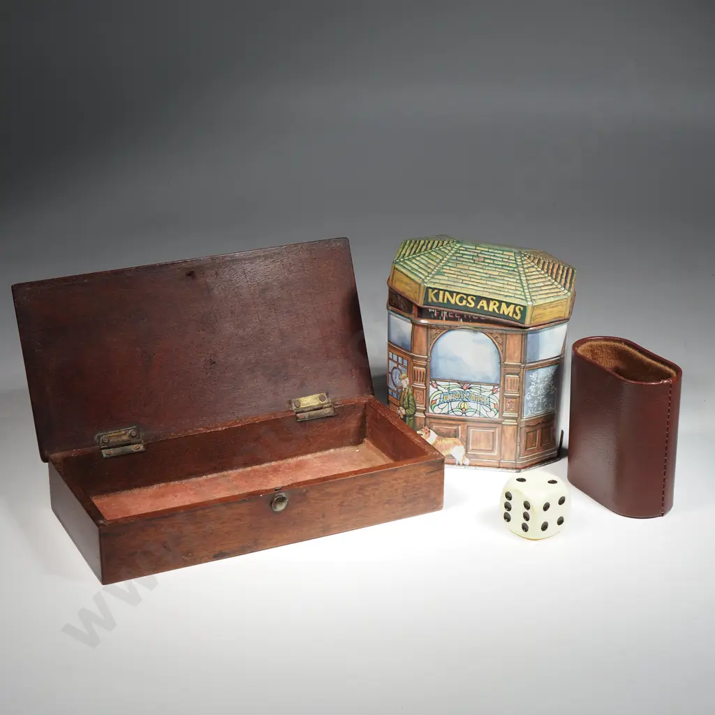 Antique Mahogany Box, Small Horn Beaker, Treen Dice Cup, Leather Dice Shaker w Bakelite Dice & A Small Vintage Tin Image 1++