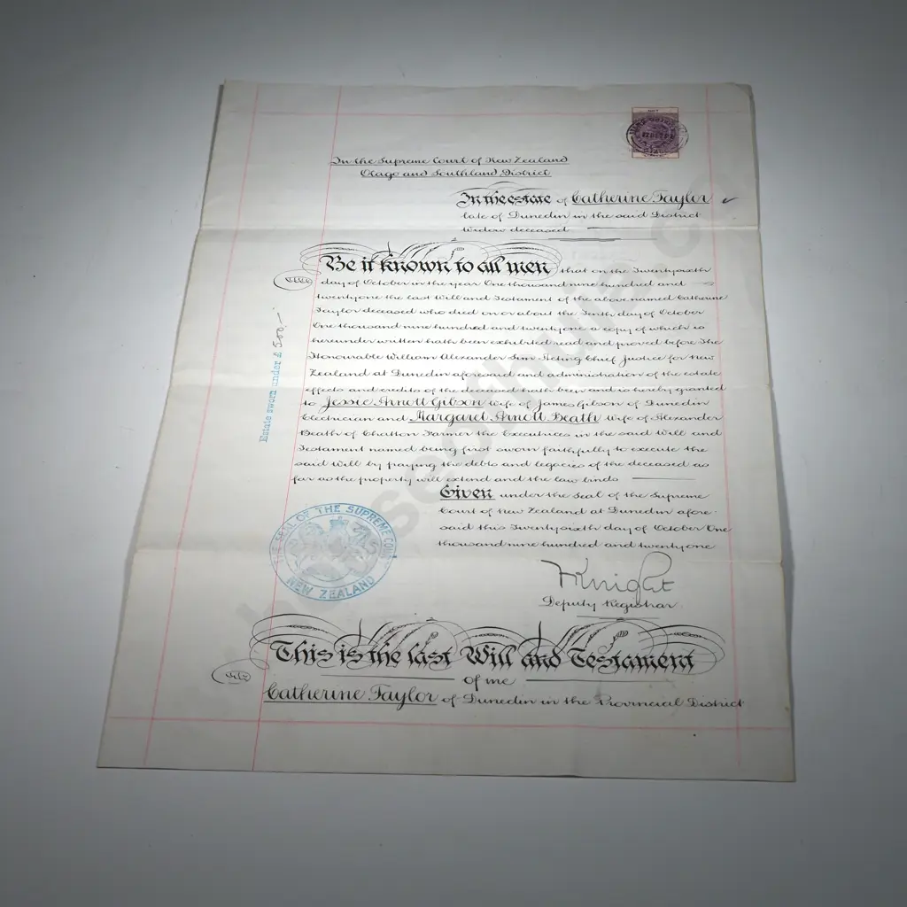 Probate - Dunedin New Zealand - 1921 Image 1++