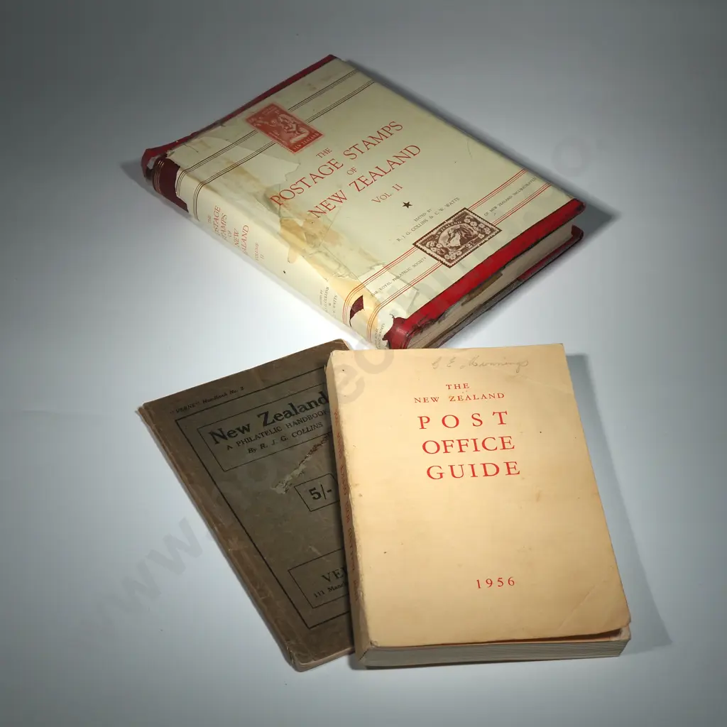 Books; Three NZ Related Volumes. Postage Stamps Of NZ Vol2 1938, The NZ Post Office Guide 1956, NZ Philatelic Handbook Image 1++
