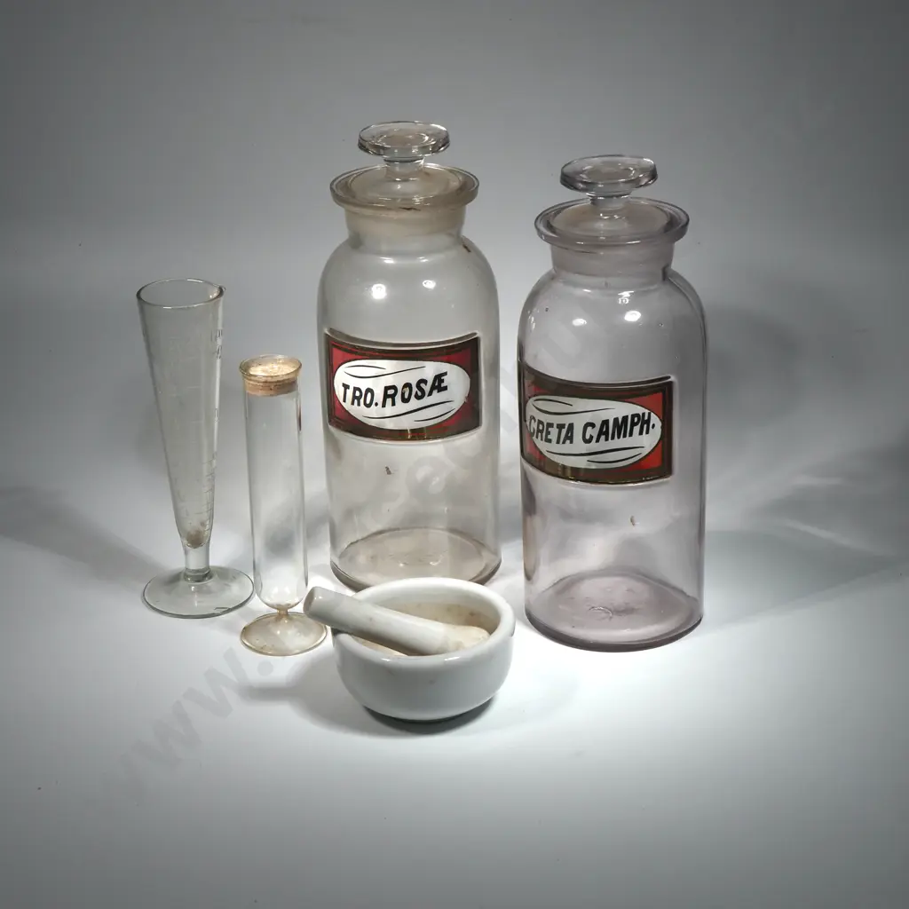 Two Large Antique Chemist Jars, an Antique Conical Measuring Glass Beaker, A Mortar & Pestle Image 1++