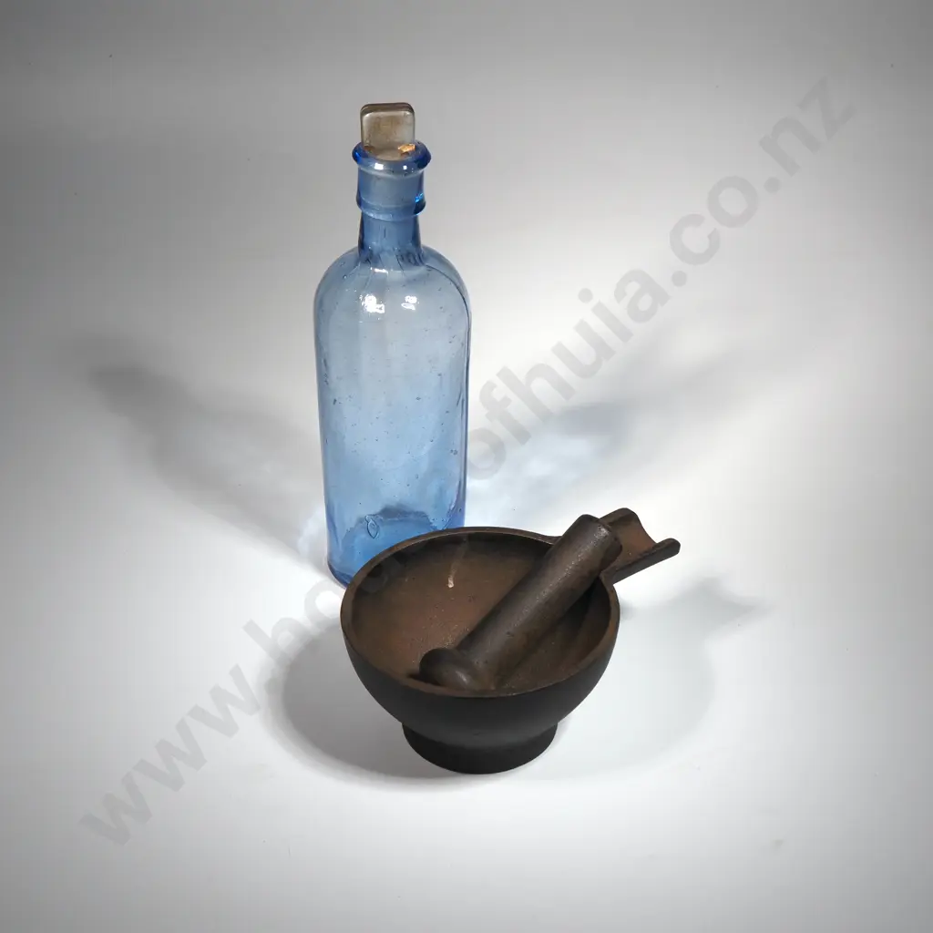 Blue Apothecary Jar With Stopper & A Cast Iron Mortar & Pestle Image 1++