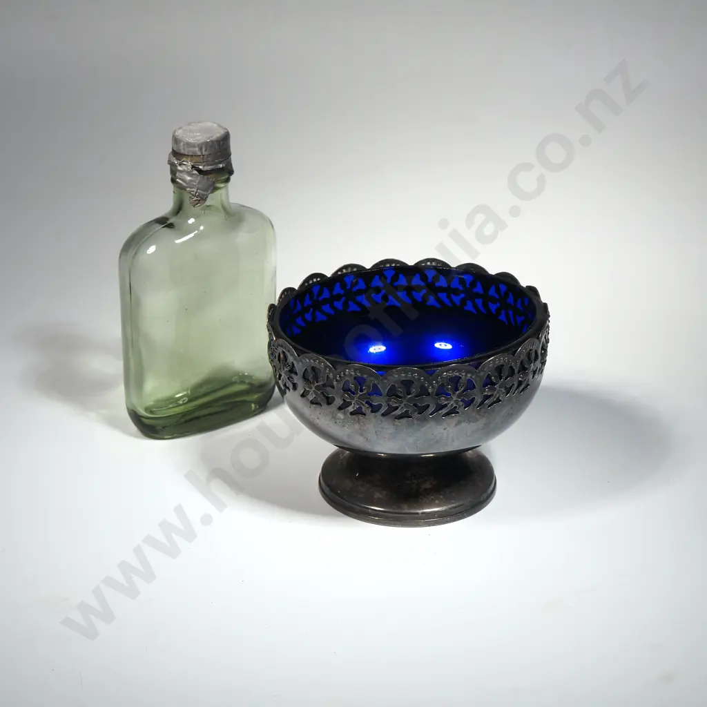 Green Glass Beehive Brandy Glass Bottle & Silver Plate Sugar Bowl w Blue Glass Liner Image 1++
