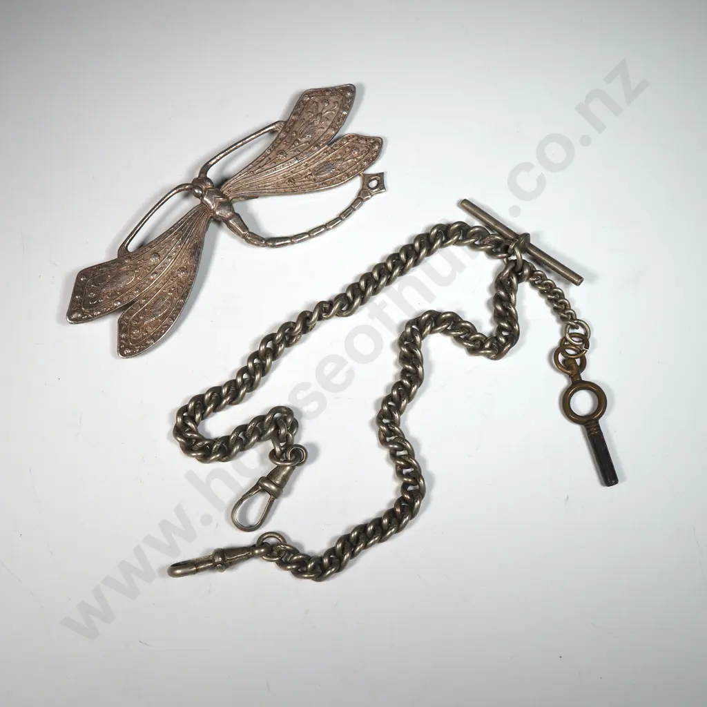 Large Silver Plate Dragon Fly Brooch, Horse Theme Tie Pin (Stratton) , Antique Silver Plate Watch Chain w T Bar & Key  Image 1++
