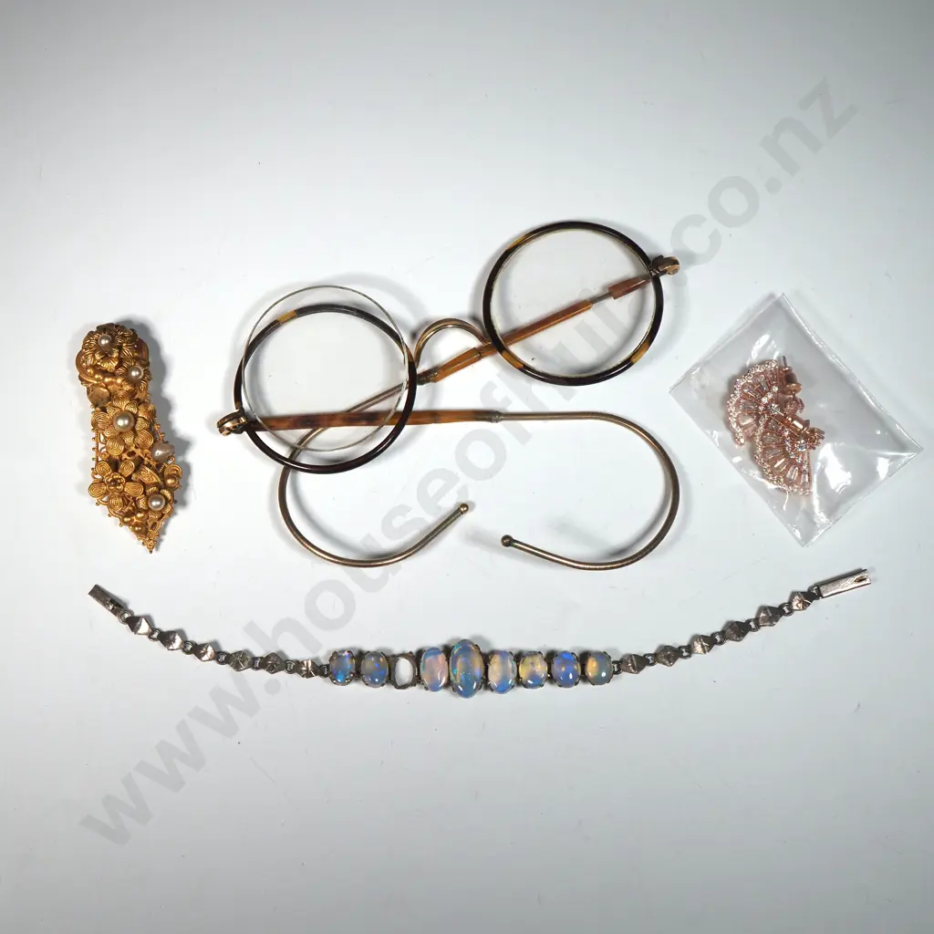 Vintage Gold Plated Tortoiseshell Rim Specs, Gilt Clip  & Rose Coloured & White Stone Drop Earrings & Bracelet Image 1++