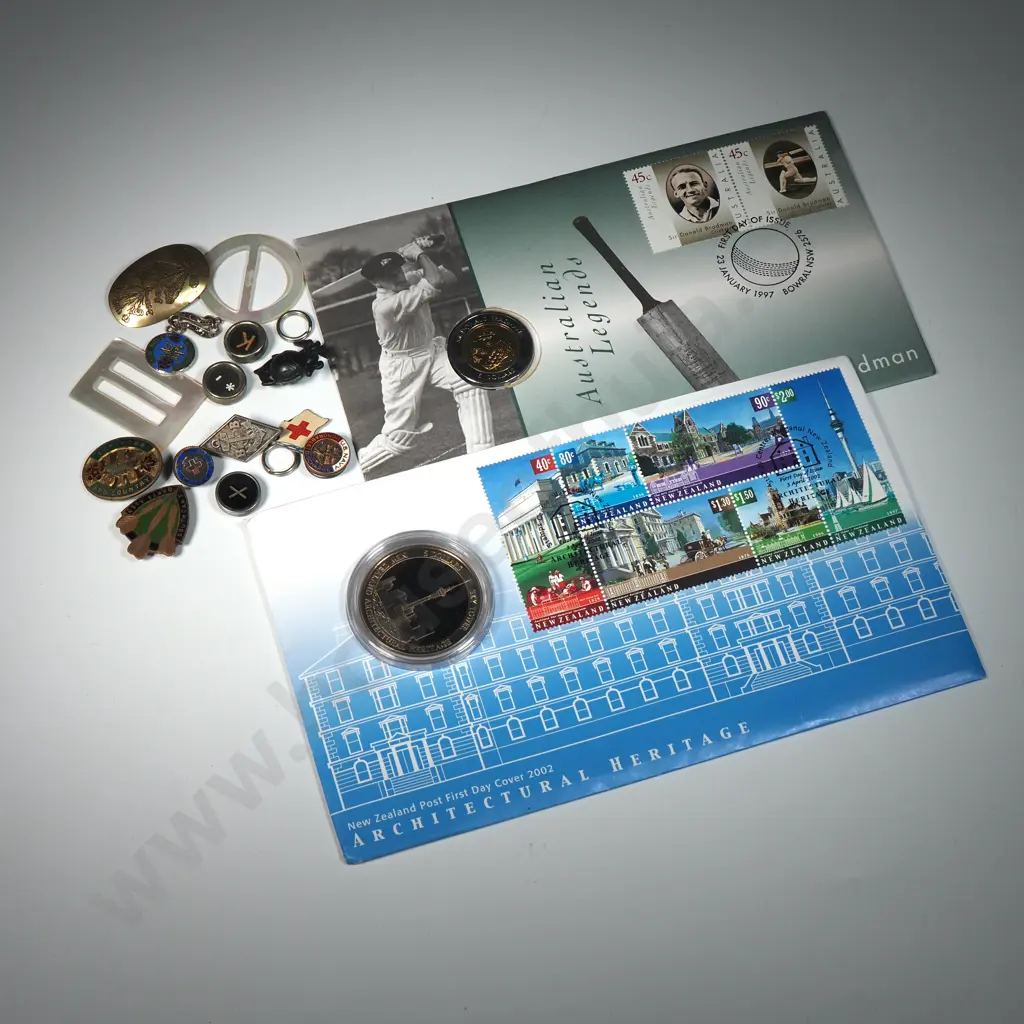 Two Souvenir Coins - First Day Cover 2002 & Australian Legends Plus Enamel Badges Image 1++