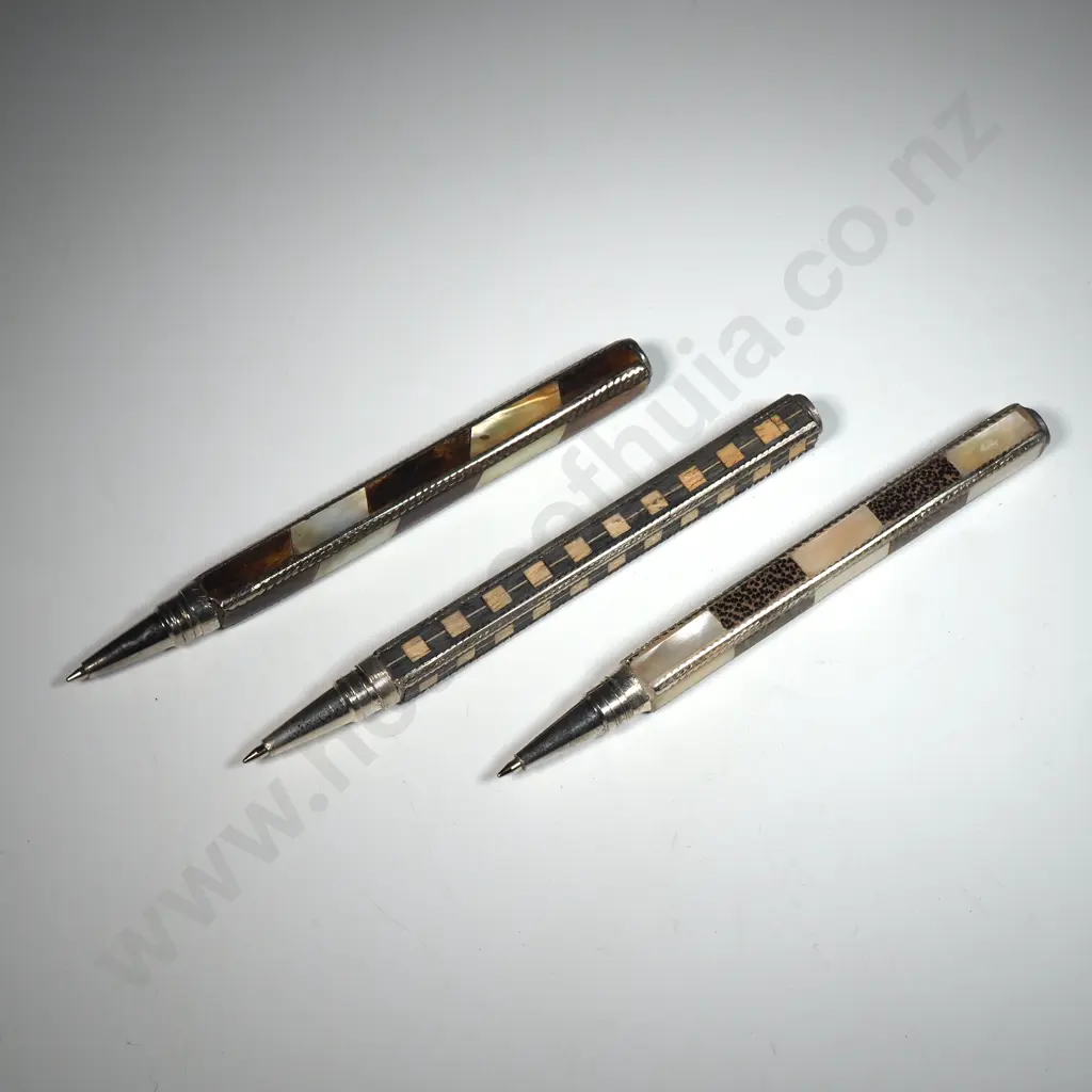 Three Vintage Ball Point Pens w Square Barrel & Decorative Checquered & Mosaic Patterns Image 1++
