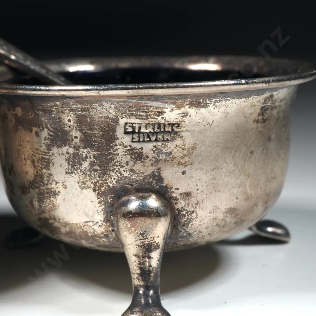 Pair Of Sterling Silver Salts With Blue Glass Liners & Two EP Salt Spoons Image 1++