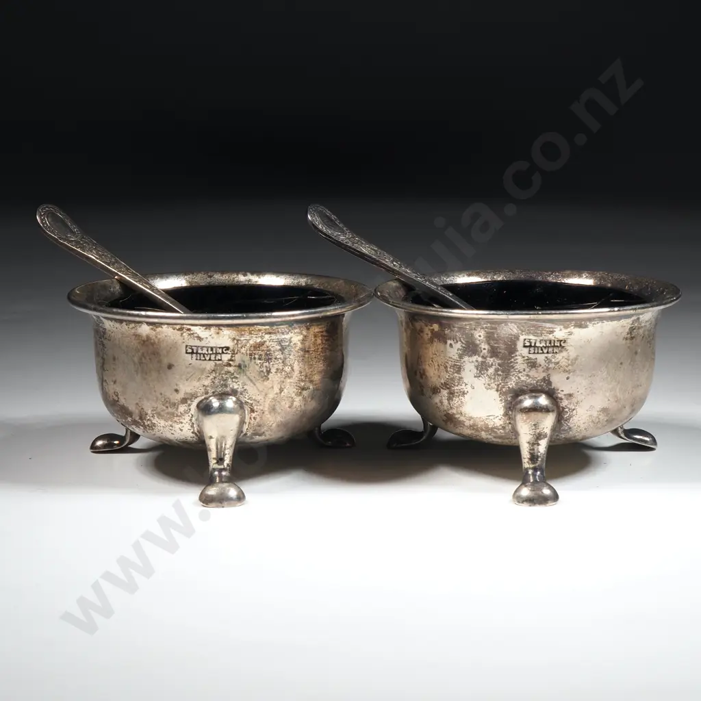 Pair Of Sterling Silver Salts With Blue Glass Liners & Two EP Salt Spoons Image 1++