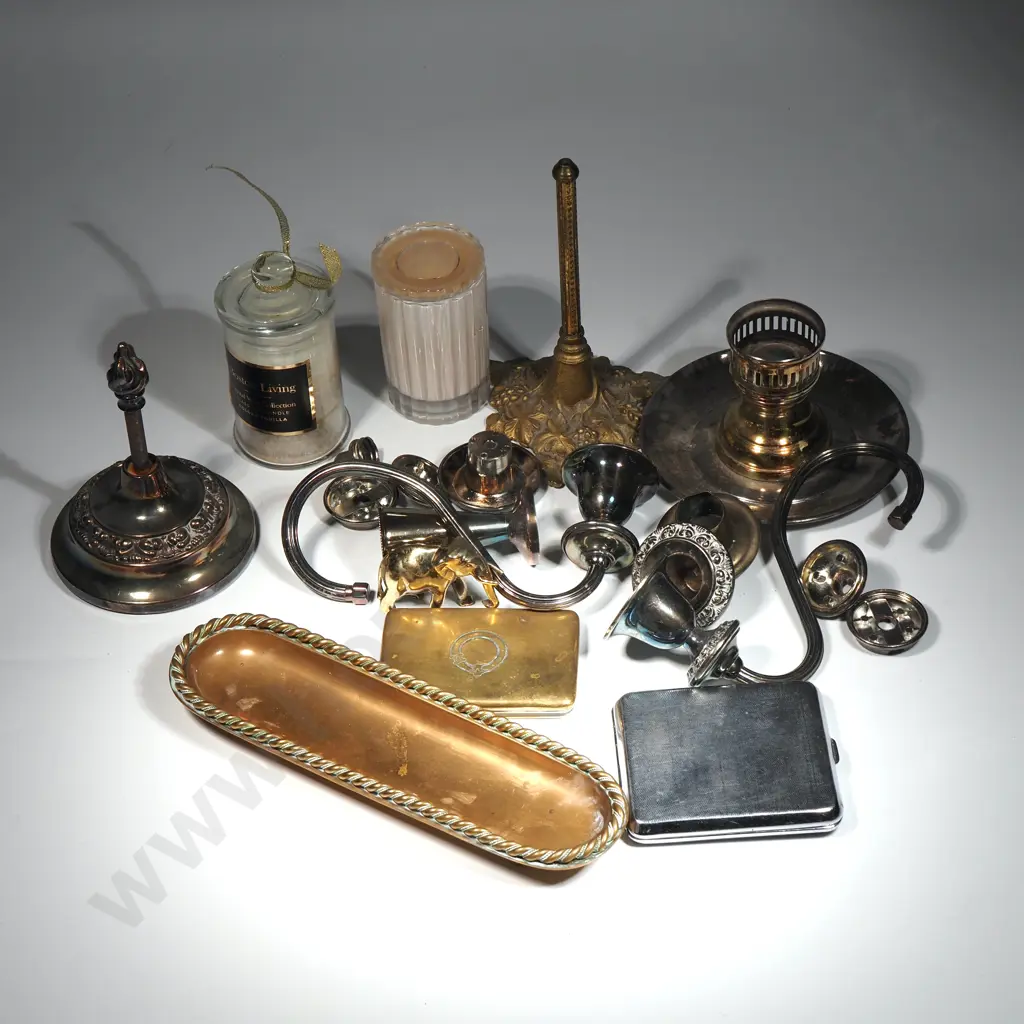 Wooden Kauri Serving Tray, Brass Pen Tray, Small Brass Elephant, Chrome Cigarette Case, Two Candles In Glass Jars Etc.  Image 1++