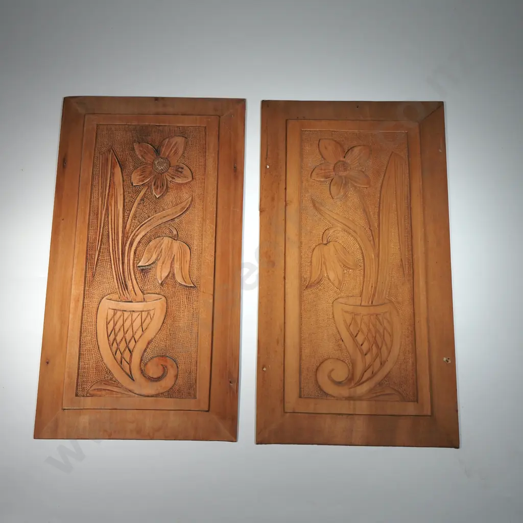 Four Art Nouveau Kauri Panels w Floral Designs Image 1++