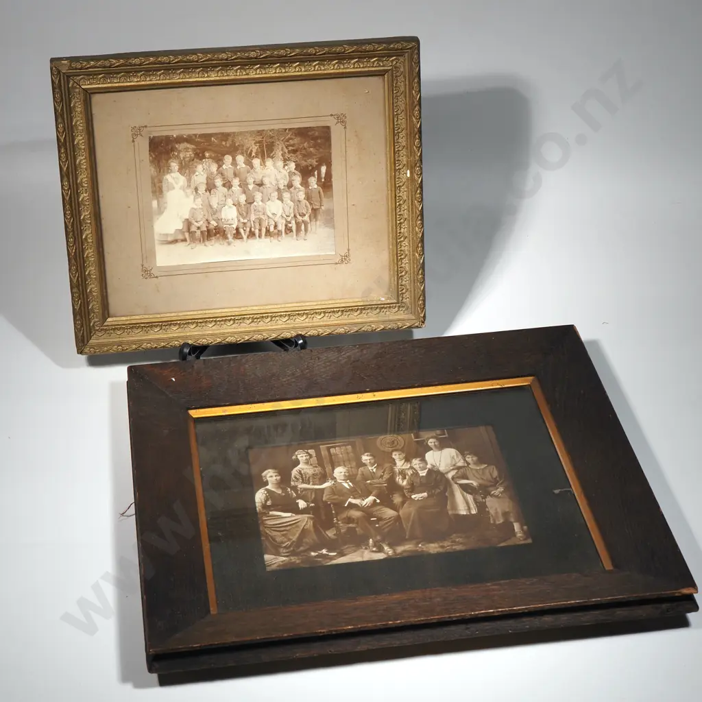 Two Black & White Vintage Framed Photographs, One In An Oak Frame, Featuring Large Family Groups Image 1++