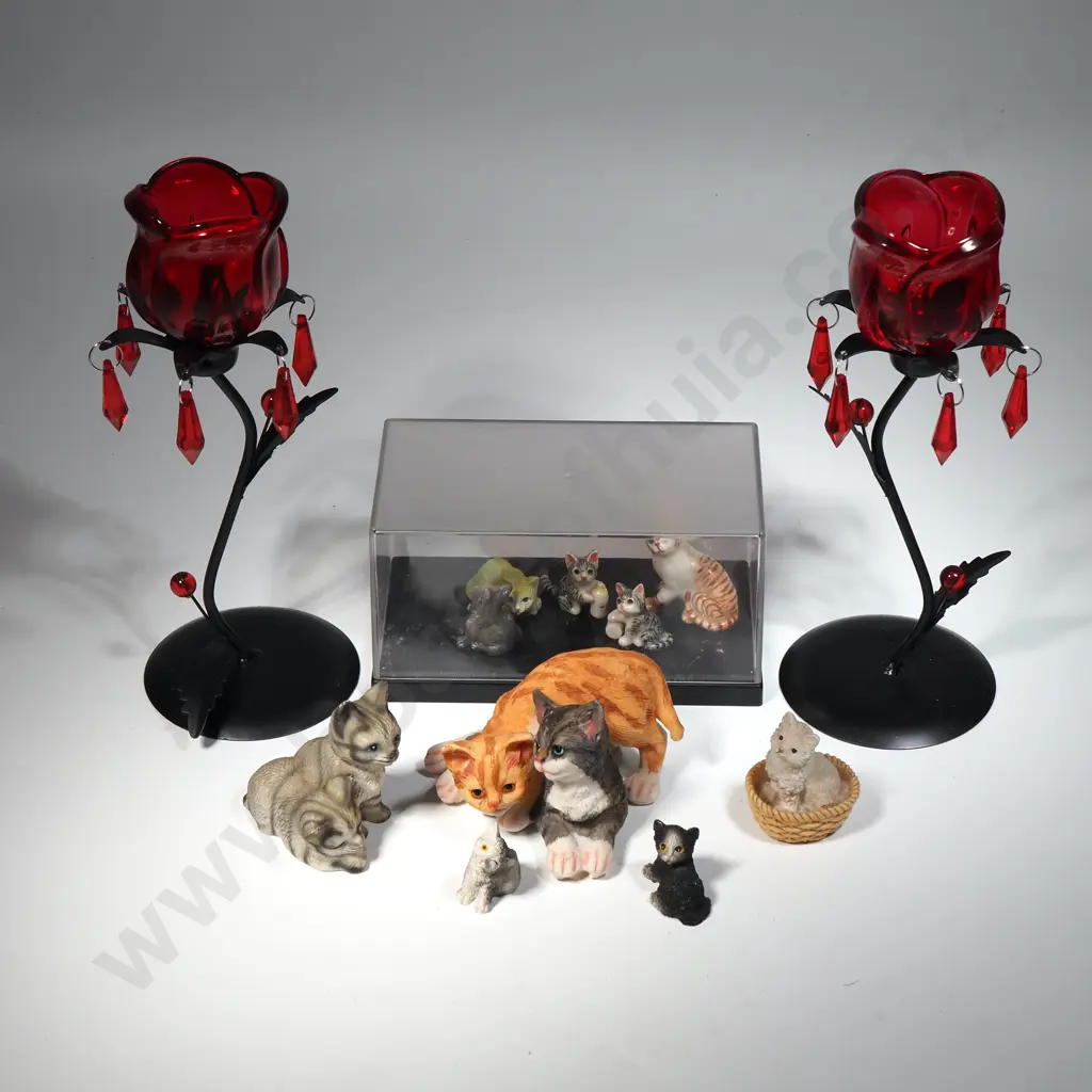 A Collection of Small Cat Figurines, a Case w Five Cat Figurines, & Two Metal Candle Holders Image 1++